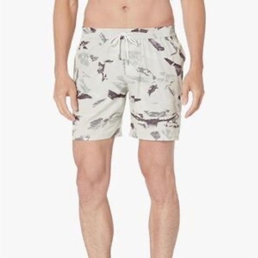 Club Monaco Mens XXL Abstract Print Swim Trunks Cream Grey Drawstring Mesh Liner